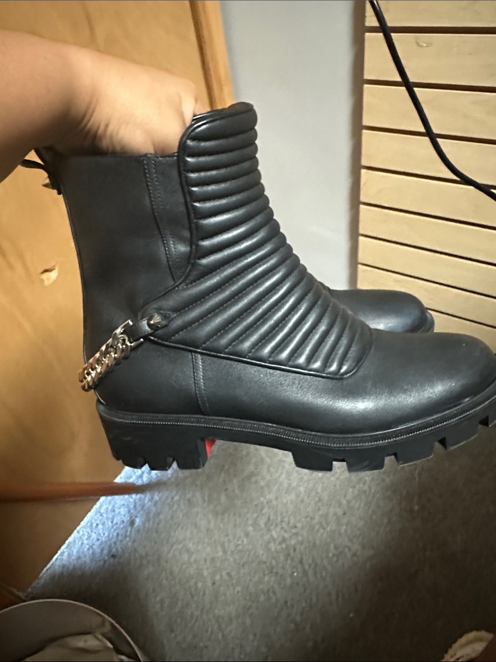Christian Louboutin Black Quilted Combat Boots with Chain Accent